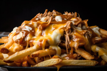 Loaded Poutine with crispy fries, cheese curds, gravy, and succulent pulled pork; a savory, indulgent, and delicious close-up shot of classic comfort food.