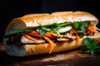 A tempting Banh Mi sandwich with a crispy baguette, juicy pork belly, and a medley of fresh vegetables, including cucumber, carrot, and daikon, topped with fragrant herbs.