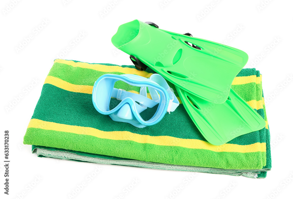 New swimming mask, towel and flippers on white background