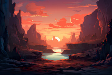 Wall Mural - Abstract 2D canyon depths background environment for adventure or battle mobile game. Cartoon style of canyon depths in game art background environment.