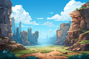Wall Mural - Abstract 2D canyon depths background environment for adventure or battle mobile game. Cartoon style of canyon depths in game art background environment.