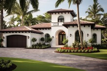 The Exterior Of A Sophisticated Dwelling Features Grey Walls Adorned With White Accents. The House Is Crowned With A Beautiful Red Tiled Roof. The Front Yard Showcases An Abundance Of Lush Tropical
