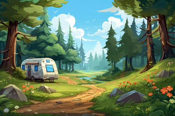 Wall Mural - Background environment of a caravan route with an abstract 2D recreational vehicle for a mobile adventure game. Caravan route cartoon style with trailer car in game art background environment.