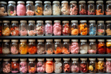 A  Shelf With Rows Of Glass Jars Filled With Colorful Candy