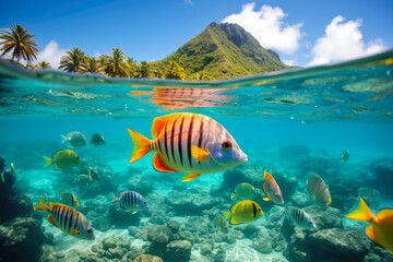 Canvas Print - Snorkeling in the crystal clear waters of Bora Bora, with colorful fish swimming by