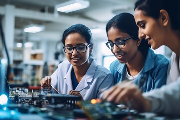 Indian electronic worker women on an electronic device.