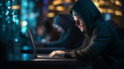 hackers working on laptop computers in a lab