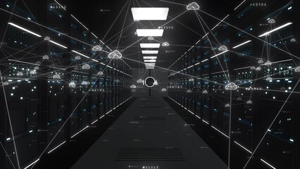 Cloud computing data storage concept, Server cabinets for storage, Data servers in a data center server room, Futuristic digital data network connection technology