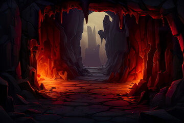 Wall Mural - Background environment of 2D abstract lava caves for adventure or battle mobile game. Dark lava caves cartoon style in game art background environment.