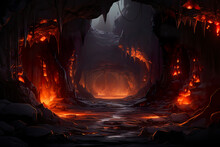 Background Environment Of 2D Abstract Lava Caves For Adventure Or Battle Mobile Game. Dark Lava Caves Cartoon Style In Game Art Background Environment.