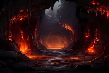 Wall Mural - Background environment of 2D abstract lava caves for adventure or battle mobile game. Dark lava caves cartoon style in game art background environment.