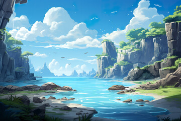 Wall Mural - 2D abstract rocky archipelago background environment for mobile adventure or battle game. Tropical rocky archipelago cartoon style in game art background environment.