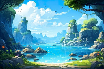 Wall Mural - 2D abstract rocky archipelago background environment for mobile adventure or battle game. Tropical rocky archipelago cartoon style in game art background environment.