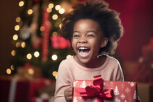 Beaming And Adorable Black Kid Girl Sits With A Christmas Gift, Her Eyes Shining With Excitement And Joy