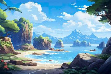 Wall Mural - 2D abstract rocky archipelago background environment for mobile adventure or battle game. Tropical rocky archipelago cartoon style in game art background environment.