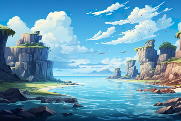 Wall Mural - 2D abstract rocky archipelago background environment for mobile adventure or battle game. Tropical rocky archipelago cartoon style in game art background environment.