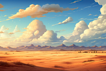 Wall Mural - Abstract 2D sunset sand dune background environment for adventure or battle mobile game. Cartoon style of small desert sand dunes in game art background environment.