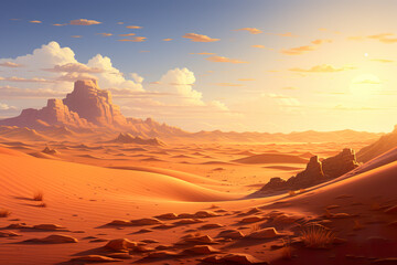 Wall Mural - Abstract 2D sunset sand dune background environment for adventure or battle mobile game. Cartoon style of small desert sand dunes in game art background environment.
