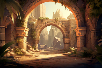 Wall Mural - 2D abstract sandstone arch background environment for adventure or battle mobile game. Cartoon style ancient sandstone arch building in game art background environment.