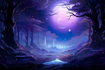 Wall Mural - 2D abstract starlit forest background environment for adventure or battle mobile game. Forest cartoon style in star night in game art background environment.