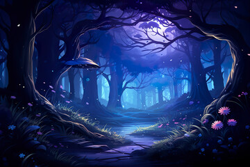 Wall Mural - 2D abstract starlit forest background environment for adventure or battle mobile game. Forest cartoon style in star night in game art background environment.