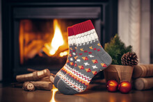 Little Child Put Cozy Wool Socks Sits Near A Crackling Fireplace In The Winter, Eagerly Awaiting The Arrival Of Santa Claus For Christmas Gift Present