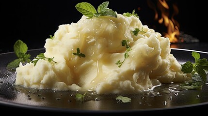 Canvas Print - mashed potatoes with sprinkled green leaves on table with blurred background