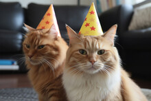 A Couple Of Cats Are Wearing Birthday Hats