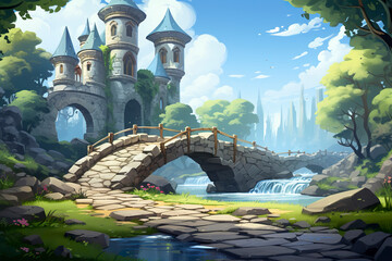 Wall Mural - Background environment of a 2D abstract stone bridge for adventure or battle mobile game. Cartoon style stone bridge over river in game art background environment.