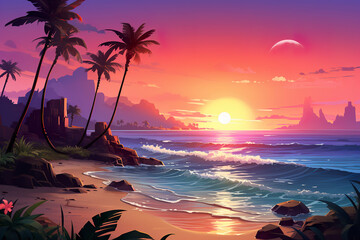 Wall Mural - Abstract 2D tropical sunset background environment for adventure or battle mobile game. Cartoon style sunset in tropical location in game art background environment.