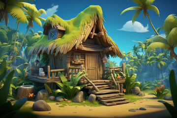 Wall Mural - Background environment of hidden treasure hunt in 3D abstract village for adventure mobile game. Cartoon style hidden treasure hunt in tropical village in game art background environment.