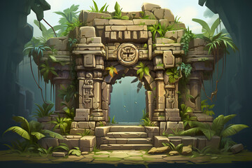 Wall Mural - Background environment of 3D abstract hidden treasure room for adventure mobile game. Cartoon style of treasure room inside tropical temple ruins in game art background environment.