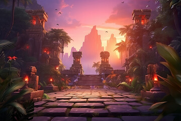 Wall Mural - Abstract 3D abstract tropical temple ruins sunset background environment for adventure mobile game. Ruins cartoon style in warm tones in game art background environment.