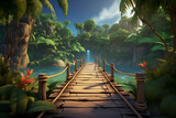 Fototapeta Natura - Background environment of 3D abstract bamboo bridge for adventure mobile game. Cartoon style bridge over tropical lake in game art background environment.
