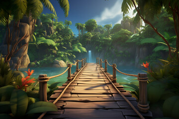 Wall Mural - Background environment of 3D abstract bamboo bridge for adventure mobile game. Cartoon style bridge over tropical lake in game art background environment.