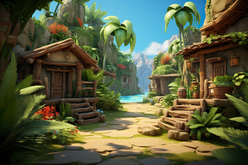 Wall Mural - 3D abstract peaceful village background environment for adventure mobile game. Quiet, secluded village cartoon style in game art background environment.