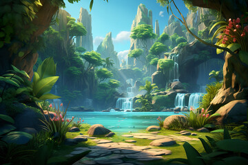 Wall Mural - Beautiful 2D abstract tropical jungle waterfall background environment for adventure or battle mobile game. Cartoon style of tropical jungle waterfalls in game art background environment.