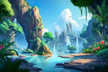 Wall Mural - Beautiful 2D abstract tropical jungle waterfall background environment for adventure or battle mobile game. Cartoon style of tropical jungle waterfalls in game art background environment.