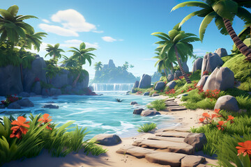 Wall Mural - Abstract 2D tropical sunset background environment for adventure or battle mobile game. Cartoon style sunset in tropical location in game art background environment.