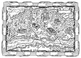 Old fantasy vector map with medieval unknown land, towns, mountain and trees and antique baroque frame. Graphic line art illustration, coloring page concept