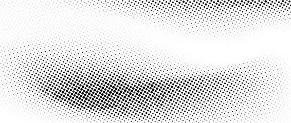 Wall Mural - Halftone faded wavy gradient texture. Grunge dirty speckles and spots background. White and black uneven sand grain wallpaper. Retro pixelated comic cartoon vector backdrop. 