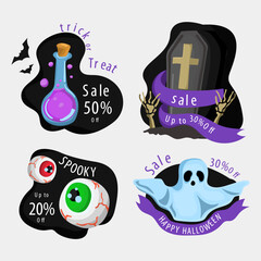 Halloween trick or treat sale label collection spooky character set used for media print template