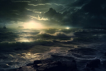 Scene of ocean with heavy rain, high wave the night, motion darkness, AI generated.