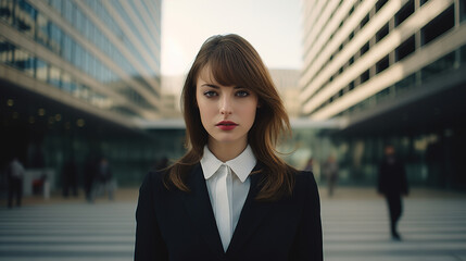 Wall Mural - Business portrait, confident young caucasian woman in a suit standing on street and looking at camera, bokeh hurrying people in background