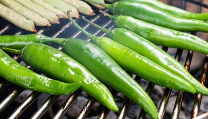 green chilies on the grill, Close up of charred chilies on grill, Green chillies on barbecue grill rack with brush, close up