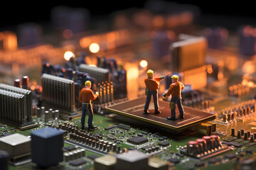 people at night on a electronic circuit board