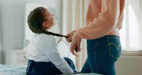 Canvas Print - Hair, morning and support with mother and schoolgirl for education, helping and love. Student, learning and happy with woman and young child in family home for academy, back to school and hairstyle