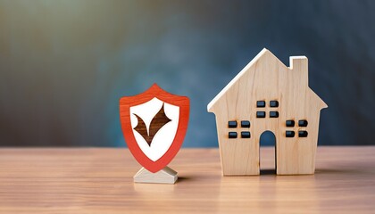 Wooden house model and real estate insurance ideas, and small shield icon. Housing insurance against impending loss and fire, building fire insurance concepts