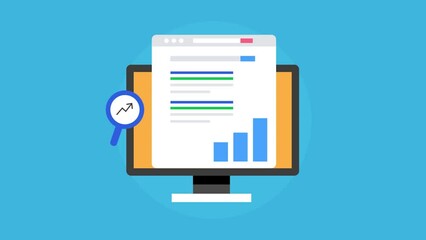 Wall Mural - 2d animation seo optimization, website ranking analytics, digital marketing search engine page with 