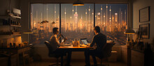 Two Men Sit At A Desk In Front Of Large Window Overlooking A City